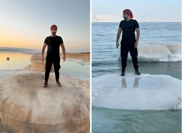 «الفرق بينهما عام».. أردني يوثق صورتين لمنسوب المياه في البحر الميت بعد انحسارها وظهور قوالب الملح