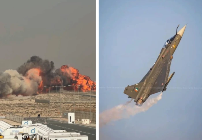 أثناء العرض الجوي.. بالفيديو: تحطم مروع لمقاتلة هندية في معرض دبي