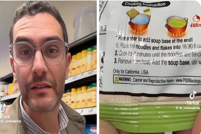 في ولاية كاليفورنيا الأمريكية .. بالفيديو: شخص يستعرض تحذير من السرطان والعقم على عبوات الشعيرية سريعة التحضير