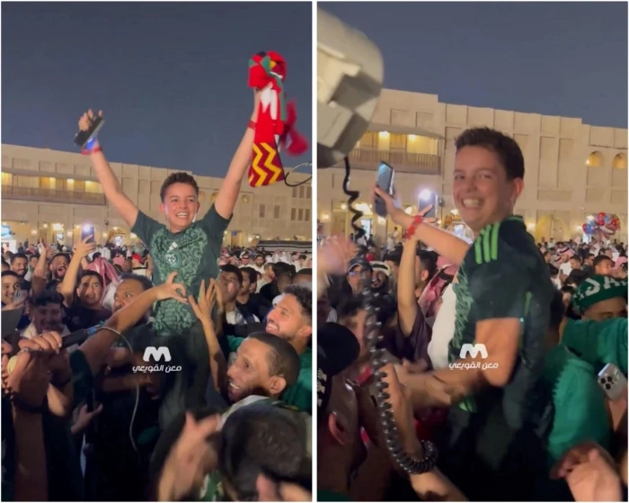 “يا إياد مبروك جوالك”.. بالفيديو: الجماهير السعودية في الدوحة يحملون طفلًا جزائريًا على الأكتاف ويشاركونه فرحته بعد عثوره على هاتفه المفقود