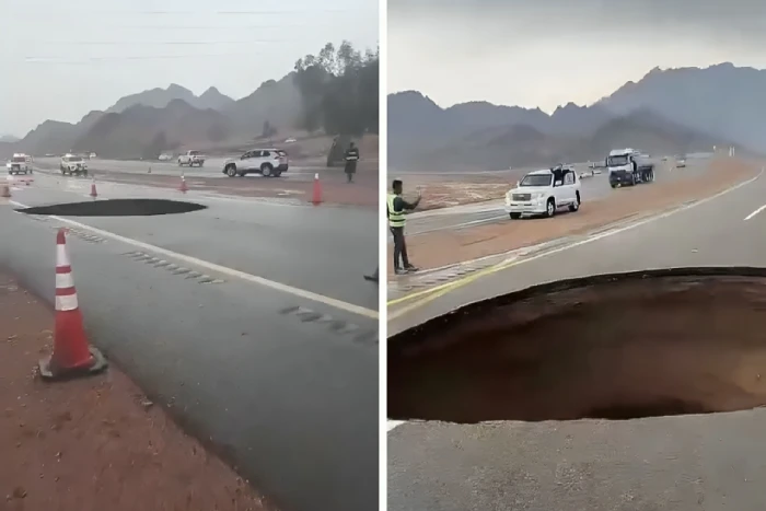 بالفيديو.. هبوط أرضي مفاجئ في منطقة الشرف في تبوك