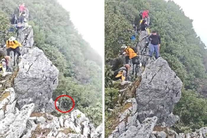 بالفيديو.. لحظة سقوط متسلق أسفل منحدر صخر  أثناء محاولته التقاط صورة