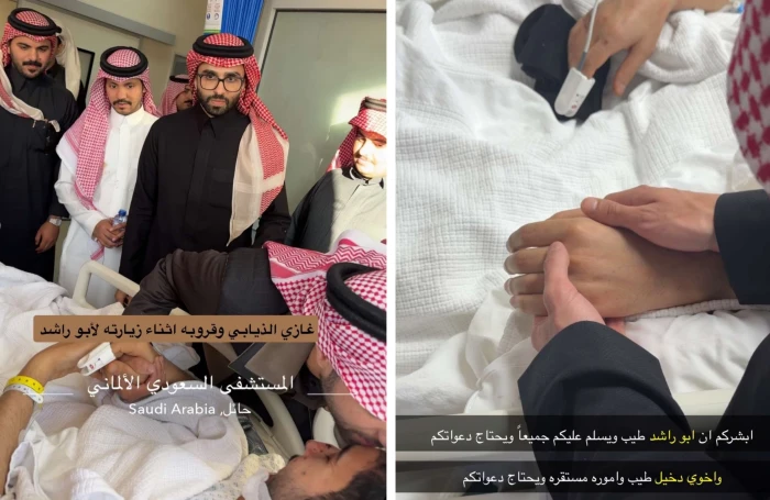 بعد إصابته في حادث مروري مع صديقه الراحل "أبو مرداع".. أحدث ظهور لـ "أبو حصة" مع غازي الذيابي