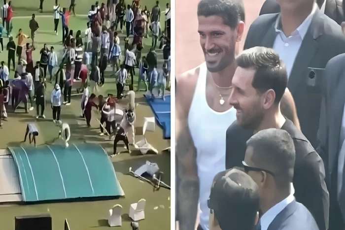 بالفيديو.. استقبال ميسي في الهند يتحول إلى شغب وتحطيم كراسي ملعب كالكوتا بسبب سوء التنظيم وعدم رؤيته