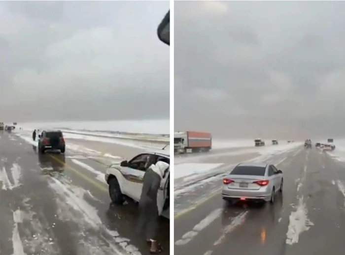 بالفيديو: تساقط الثلوج في مشهد نادر على الأحساء