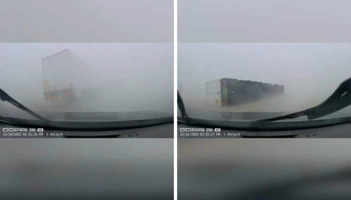 بالفيديو..  انقلاب شاحنة بسبب العاصفة بالمنطقة الشرقية