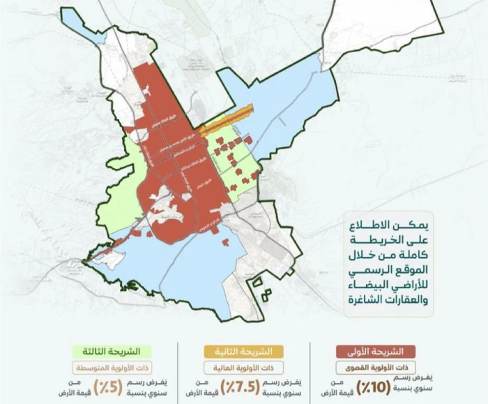 الكشف عن مساحات الشرائح الخمس المفروضة عليها رسوم الأراضي البيضاء بالرياض