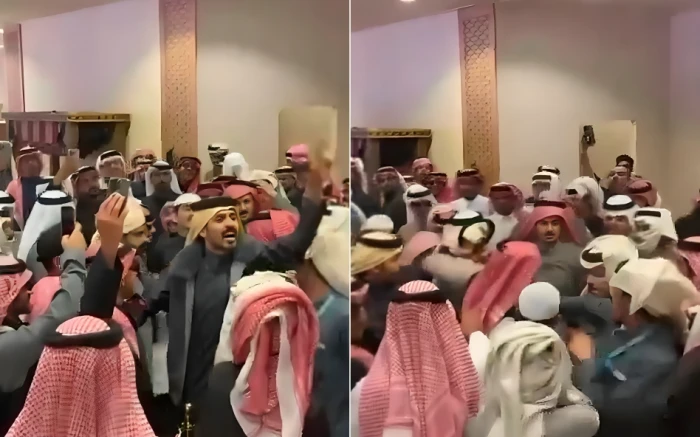 "مطير ما تهج ".. بالفيديو : اعتراض أحد الأشخاص على تصريح الدبوس واشتباك بالأيدي داخل صالة الملاك بالصياهد