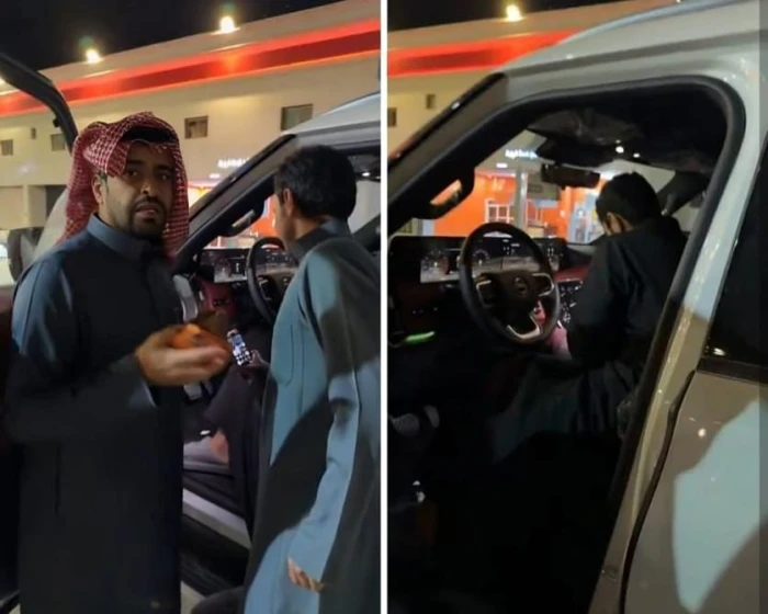 بالفيديو.. موقف طريف لشباب يفشلون في فتح غطاء خزان وقود سيارة «باترول» عند محطة بنزين