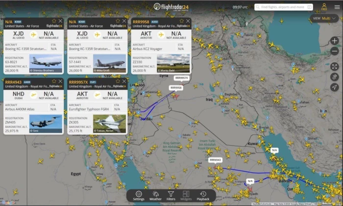 خرائط الطيران ترصد نشاطاً غير مسبوق للطائرات العسكرية وناقلات الوقود في الشرق الأوسط