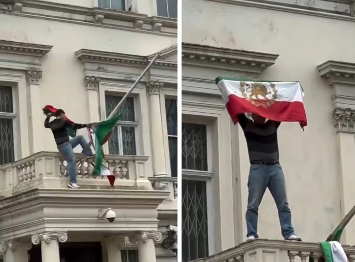 بالفيديو.. متظاهرون إيرانيون  يقتحمون السفارة الإيرانية في لندن  ويستبدلون العلم الرسمي بعلم الأسد والشمس