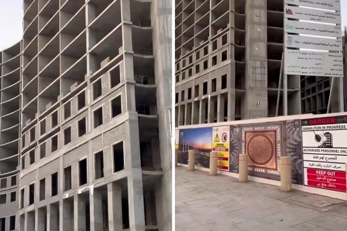 بالفيديو: تعليق لوحة إزالة وهدم مبنى ضخم تحت الإنشاء  شمال غرب ساحات ⁧‫المسجد النبوي‬⁩ بالمدينة