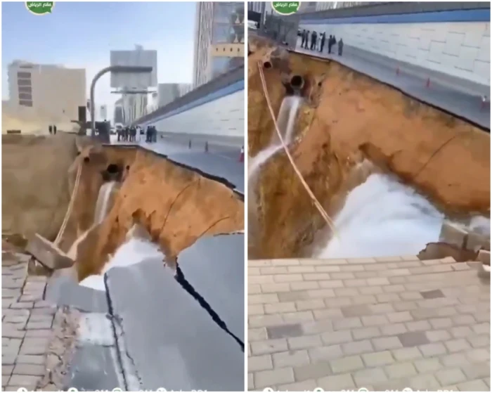 بالفيديو.. انهيار أجزاء من الطريق نتيجة انفجار ماسورة مياه في حي الصحافة بالرياض