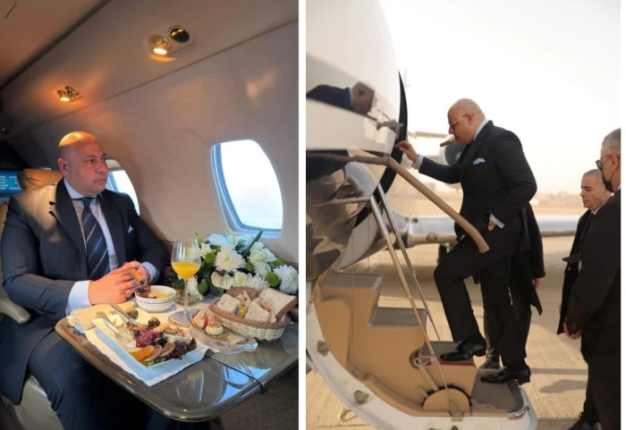 بالفيديو :  محامٍ مصري يثير الجدل .. طائرة خاصة وحراسة مشددة وسيجار أثناء الطعام!