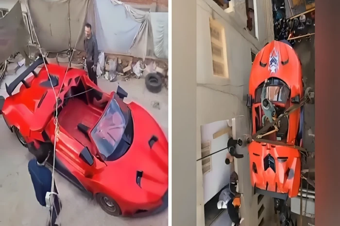 بالفيديو: شاب مصري يصنع سيارة لامبورجيني فوق سطح منزله ويستعين بـ "ونش" لإنزالها إلى الشارع