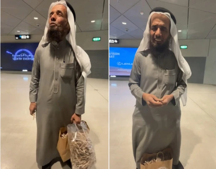 بالفيديو: «شيخ المترو» يعود للظهور حاملاً أكياس مساويك ويمازح ثلاثة شبان بلغز طريف