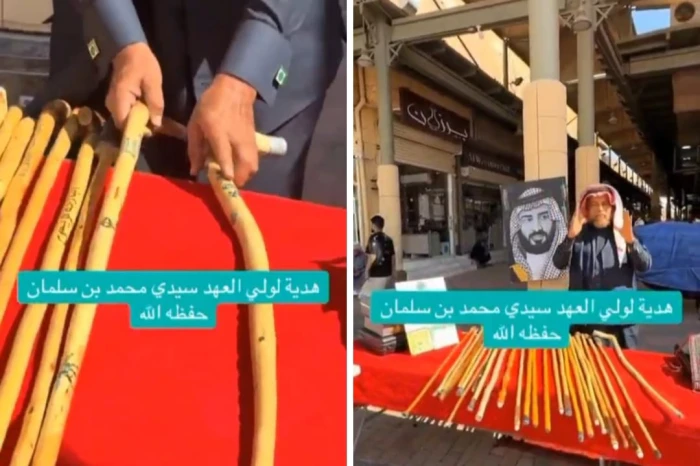 "مطعمة بأحجار الفيروز والذهب والعقيق".. بالفيديو .. صاحب بسطة سبح في سوق الزل بالرياض يهدي 26 عصى  بـ21 مليون ريال لولي العهد