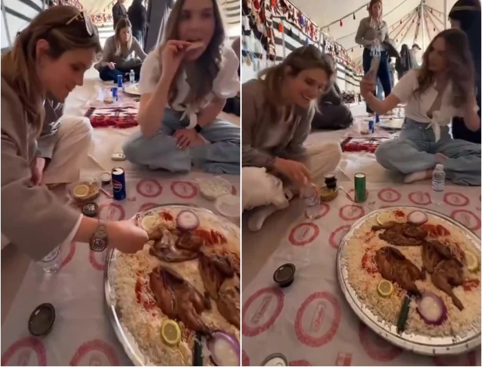 بالفيديو.. تجربة تراثية لسائحات أجنبيات يتناولن الكبسة السعودية داخل خيمة