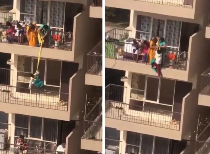 بالفيديو: هندية تغامر بحياة ابنها وتربطه بحبل وتنزله في شرفة جيرانهم بالدور التاسع.. والكشف عن السبب!