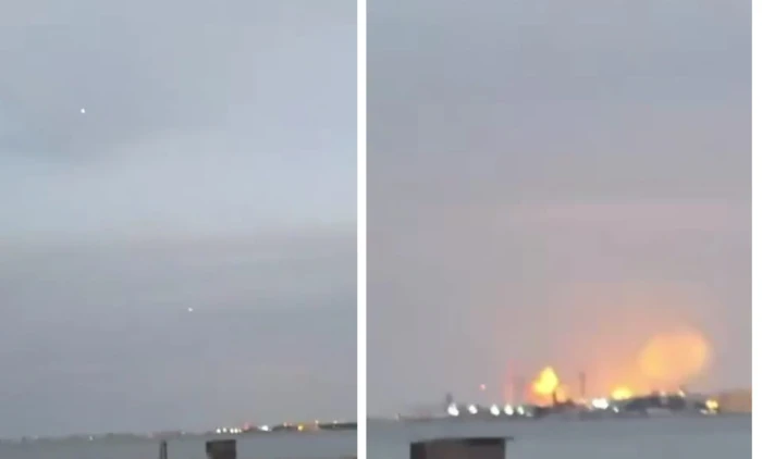 لحظة سقوط صاروخ باليستي إيراني على مصفاة نفط في البحرين