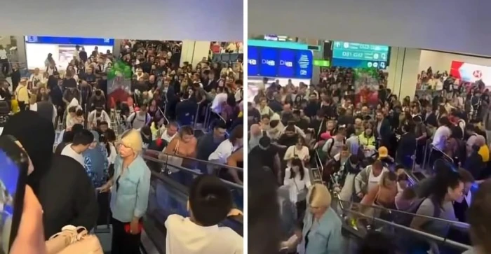 بالفيديو.. تكدس المسافرين بأعداد كبيرة داخل مطار دبي بعد استهدافه بمسيّرة إيرانية