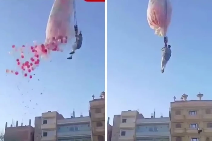 بالفيديو : شخص يستخدم «رافعة» من أجل فتح كيس «بالونات» بعد صلاة العيد في مصر