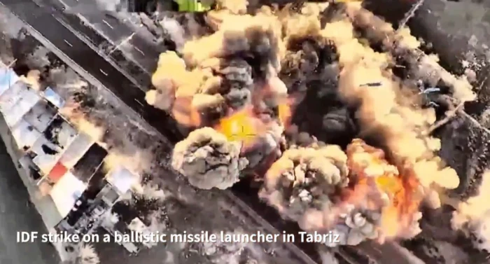 بالفيديو.. لحظة استهداف وتدمير  منصة صواريخ باليستية متنقلة في تبريز بإيران