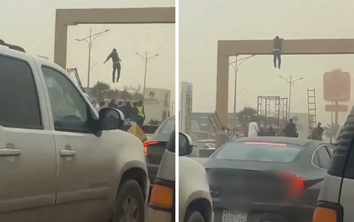 بالفيديو.. ردة فعل مواطنين تفاجأوا بعامل مصري معلقًا أعلى جسر بعد انهيار السقالة