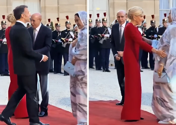 بالفيديو.. موقف محرج للرئيس الفرنسي أثناء ذهابه لمصافحة زوجة الرئيس الموريتاني