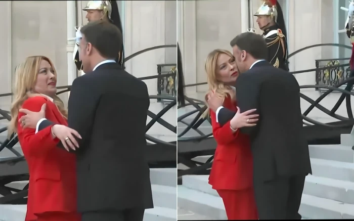 بالفيديو: ردة فعل رئيسة وزراء إيطاليا بعدما فاجأها الرئيس الفرنسي بحضنها وتقبيلها أمام الكاميرات