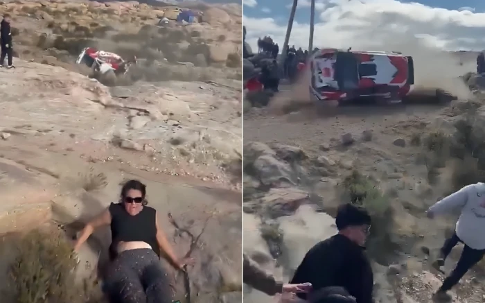 حادث مروع في سباق رالي… بالفيديو: انقلاب سيارة عدة مرات وإصابة متفرجة بكسر في الساق