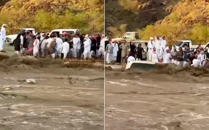 سحبوه بحبل.. فيديو جديد لحظة إنقاذ قائد لاندكروزر بعدما جرف سيل وادي ثراد بالباحة سيارته