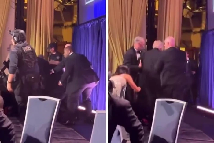بالفيديو.. لحظة سقوط «ترامب» أرضًا أثناء محاولة إجلائه من حفل عشاء عقب سماع إطلاق النار