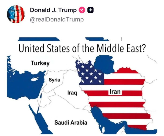 قبل قليل ..ترامب  ينشر صورة للعلم الأمريكي يغطي مساحة إيران بالكامل ويثير الجدل!