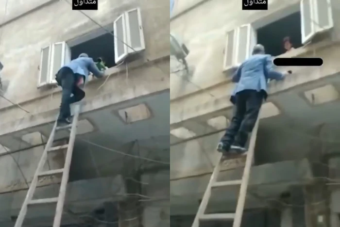 بالفيديو.. أب مصري يتسلق سلماً خشبياً لرؤية أطفاله بعد حرمانه من زيارتهم