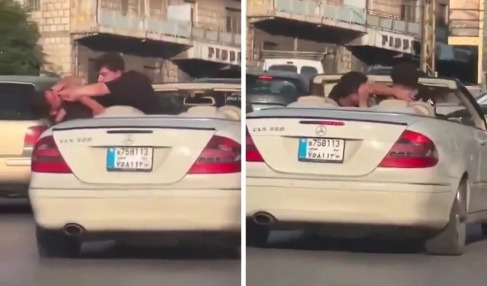بالفيديو.. أغرب مشاجرة بين شخصين داخل سيارة وسط طريق عام في بيروت