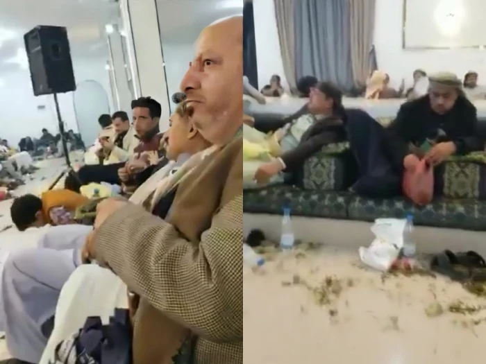 فيديو لتجمع كبير لعدد من اليمنيين يتناولون القات في حفل زواج