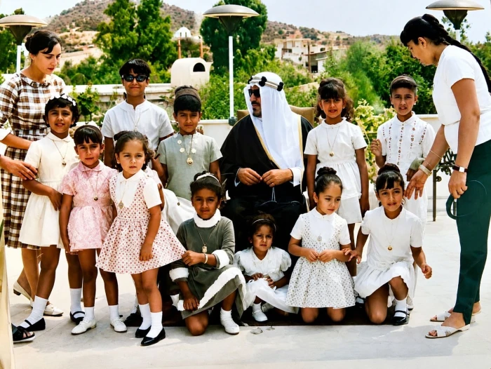 صورة نادرة للملك سعود محاطا بعدد من بناته.. والكشف عن تاريخ ومكان التقاطها وأسماء الأميرات