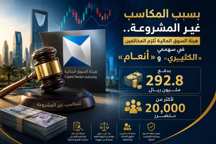 بسبب المكاسب غير المشروعة.. «السوق المالية» تُلزم المخالفين في سهمَي «الكثيري» و«أنعام» بدفع 292.8 مليون ريال تعويضًا لـ20 ألف متضرر