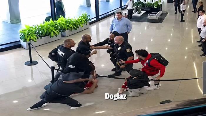 فيديو جديد من كاميرا مثبتة في سقف الفندق توثق لحظة بداية الاشتباك بين " إبراهيم حسن"  ورجل الأمن الأمريكي بعد منعهم من التصوير مع طفل