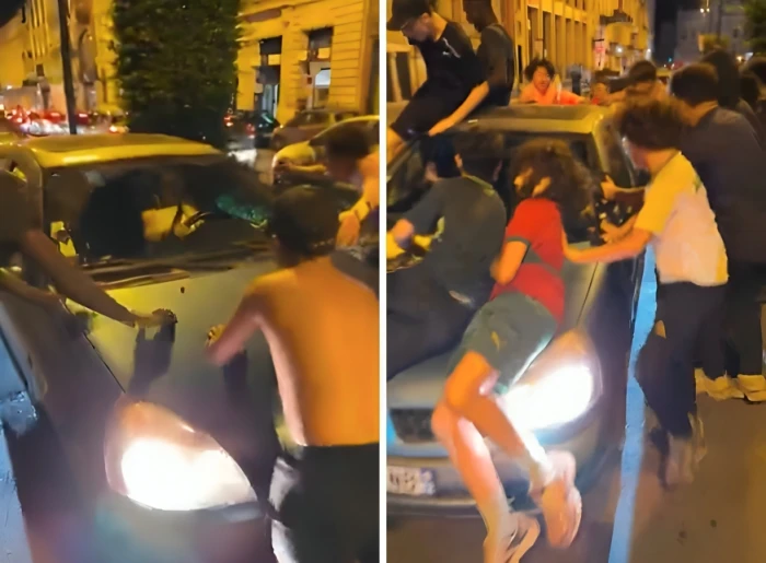 بالفيديو.. شباب من أصول مغربية يهاجمون سيارات يقودها فرنسيون عقب فوز المغرب على كندا