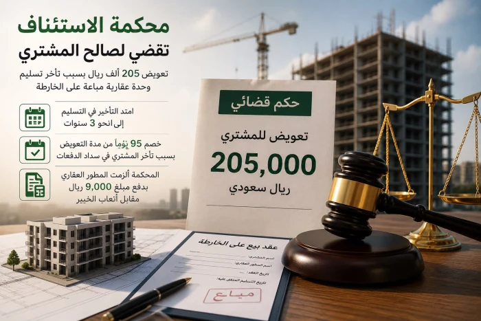 بعد تأخر في تسليم وحدة عقارية مباعة على الخارطة 3 سنوات .. القضاء يُلزم مطورًا عقاريًا بتعويض مشتر بأكثر من 200 ألف ريال