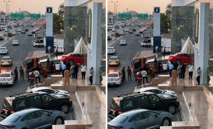 بالفيديو: لحظة اقتحام سيارة لواجهة بنك الإنماء في سوق البوادي بجدة