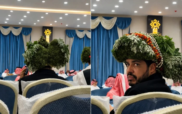 بالفيديو: مواطنان يتزينان بوضع كمية كبيرة من النباتات العطرية على رأسيهما في حفل زواج جنوب المملكة