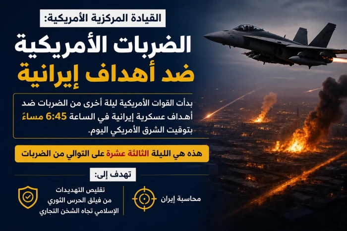 قبل قليل .. ‏القيادة المركزية الأمريكية تعلن شن ضربات عسكرية جديدة ضد مواقع مرتبطة بإيران