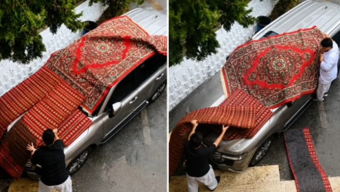 بالفيديو.. مواطن يغطي سيارته بالسجاد لحمايتها من تساقط البرد في أبها