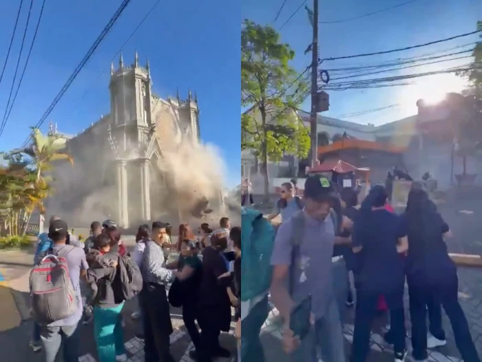 فيديو جديد لحظة اهتزاز الأرض تحت أقدام المارة في الشارع أثناء زلزال كولومبيا.. وانهيار أجزاء من واجهة مبنى أثري