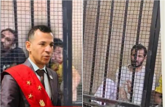 مصر.. بالفيديو: أول ظهور لـ«المستشار المزيف» جالسًا على الأرض داخل القفص خلال محاكمته