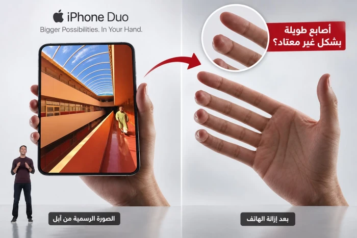 «أصابع طويلة بشكل غريب».. صورة آيفون ديو الجديد تثير الجدل واتهامات لأبل باستخدام الفوتوشوب