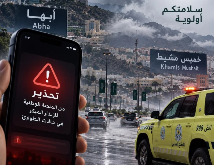 تحذير عبر منصة الإنذار المبكر في أبها وخميس مشيط للتنبيه من خطر محتمل